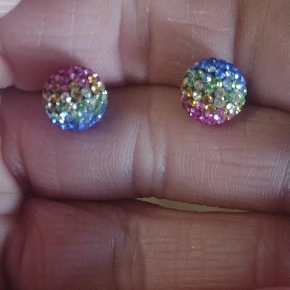 VINTAGE STERLING SILVER .925 MULTICOLOR PAVE CRYSTAL 8MM BALL STUD EARRINGS - Picture 4 of 9